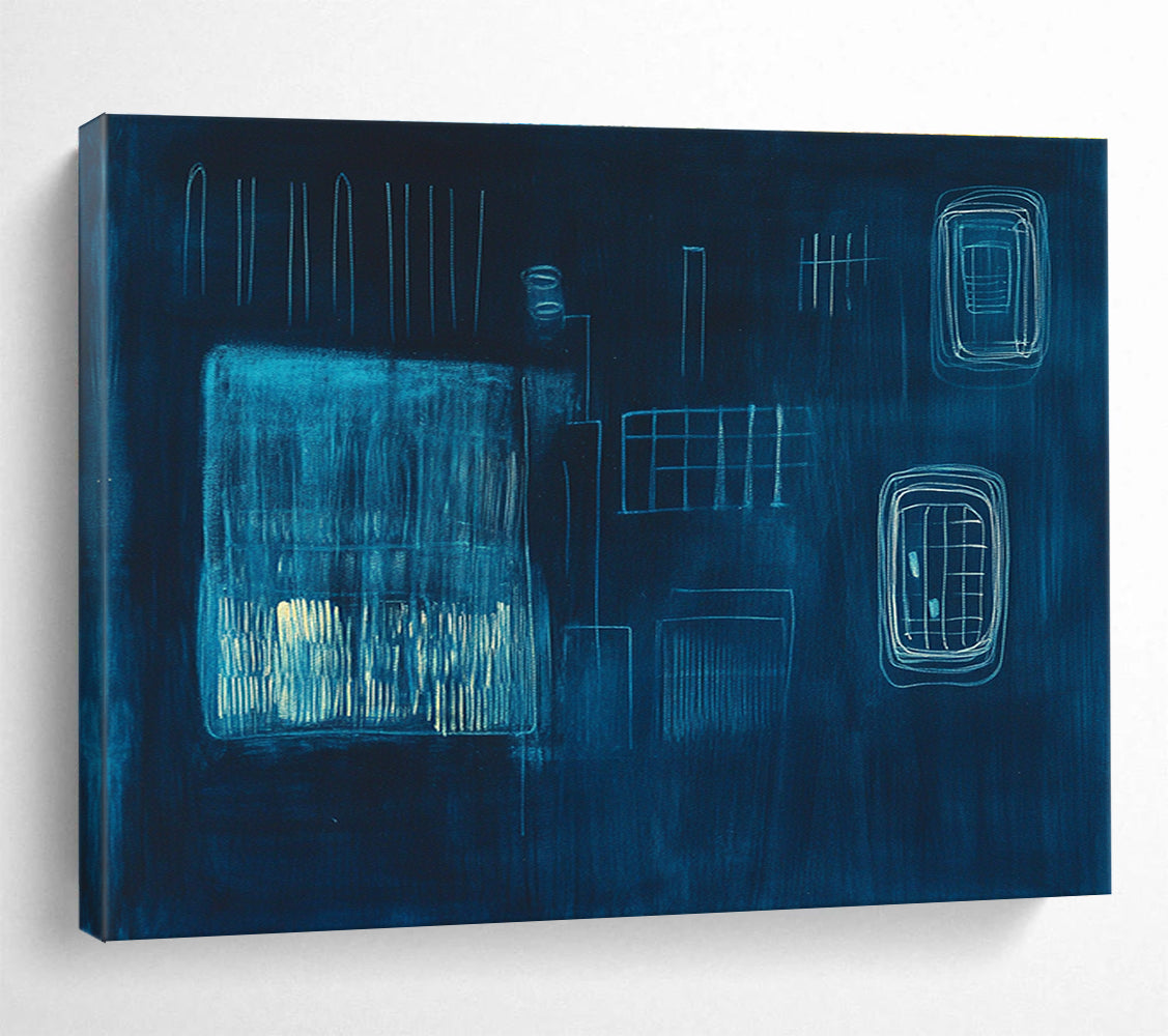 Dark Blue Abstract Composition Painting with Light Blue Lines DYP506