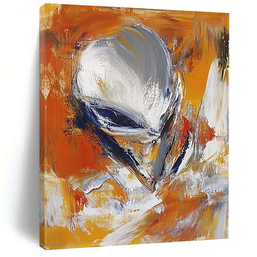 Large abstract painting in the style of James Britton featuring an alien figure in orange and white with blurred brush strokes.STSC626