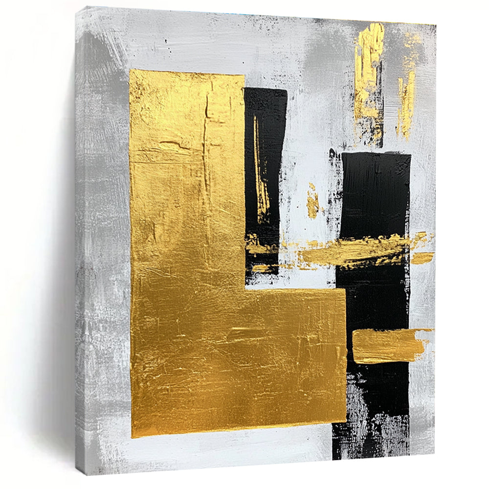 Large abstract art painting featuring gold foil bold strokes and minimalist black lines on a gray background creating an elegant atmosphere.STSC015