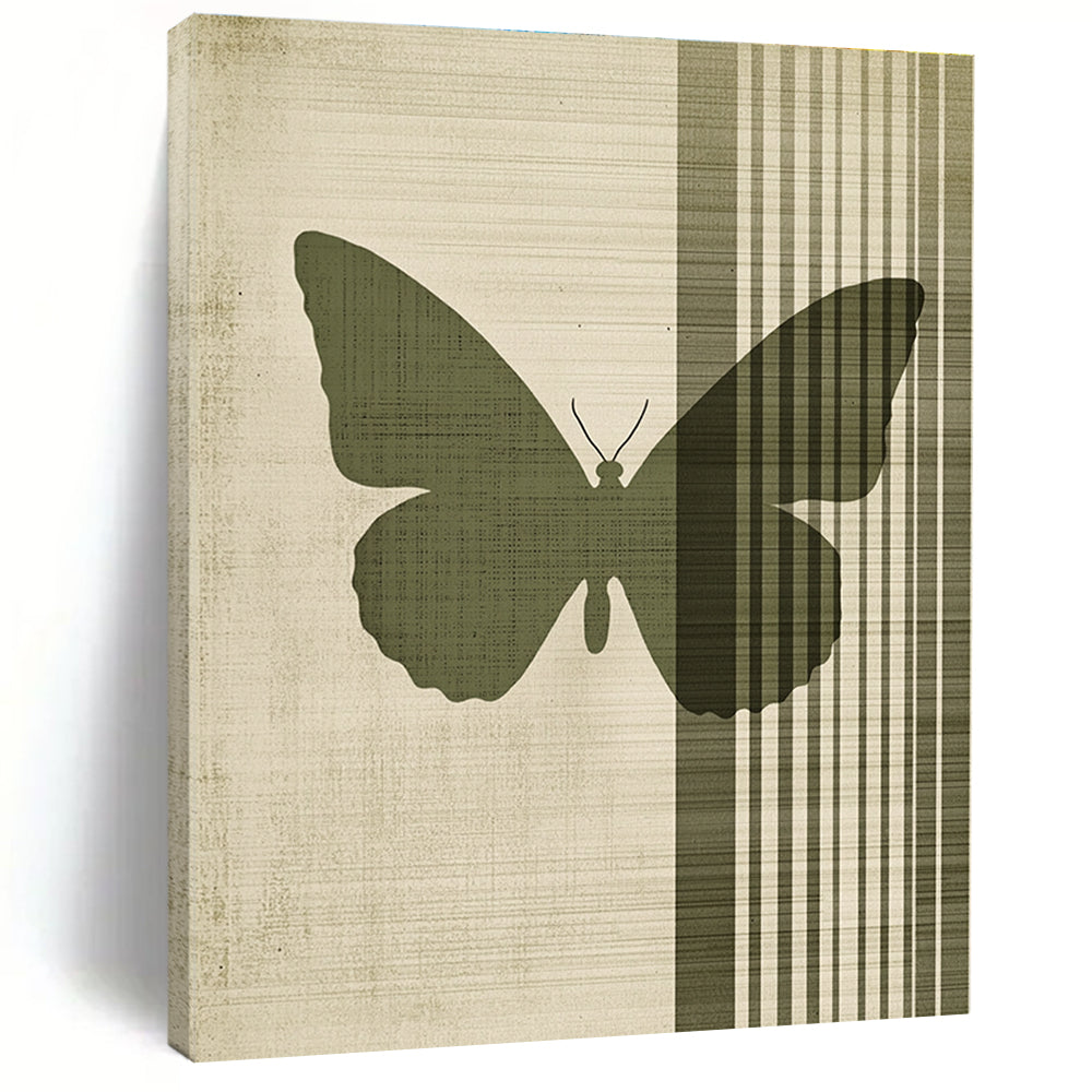 Abstract painting featuring a green butterfly on a beige background with vertical lines and vintage texture in muted colors.STSC1009