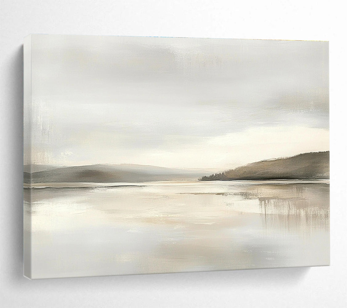 Large abstract painting featuring muted beige and gray tones with a soft sky and calm water for a tranquil and elegant atmosphere.SC065