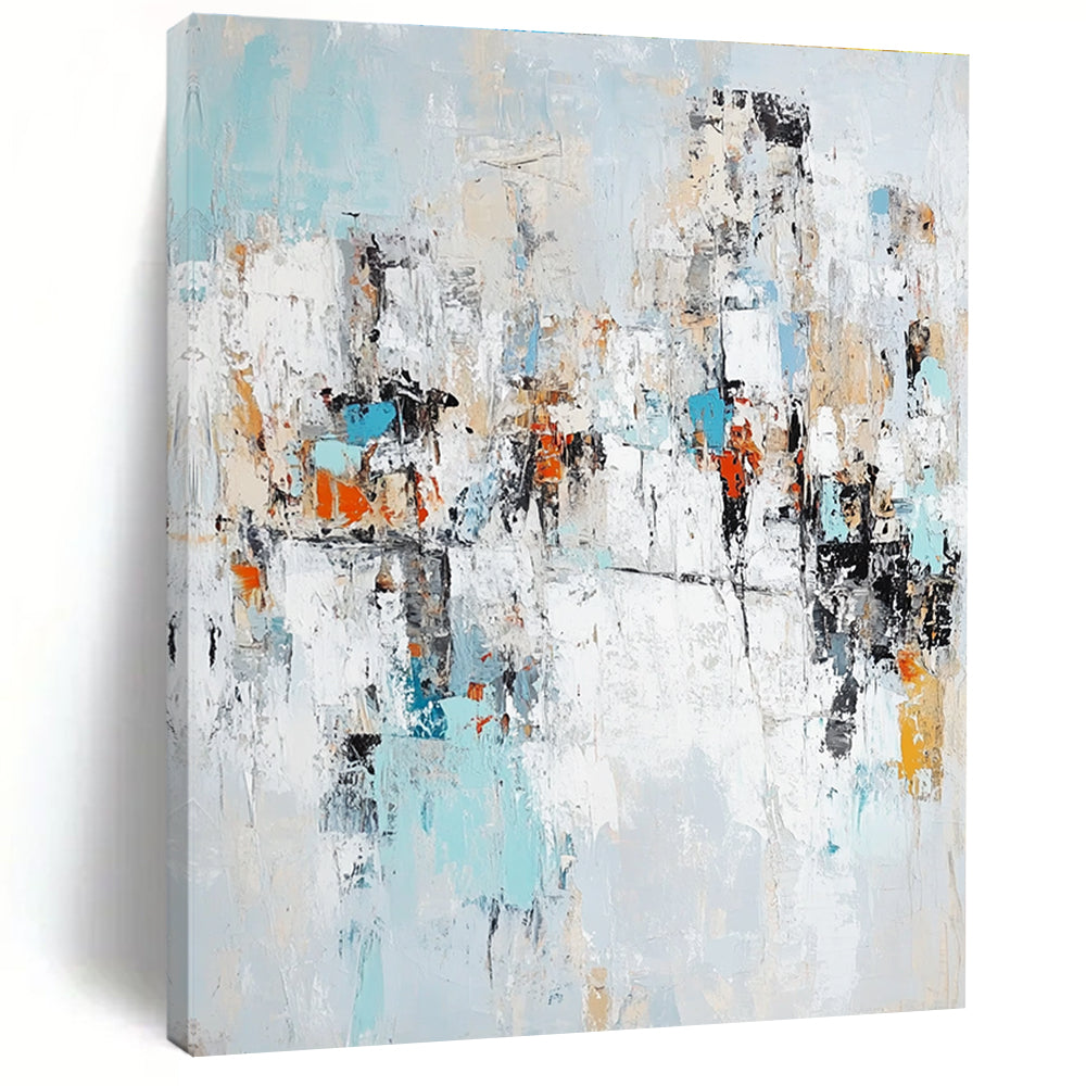 Large abstract painting in light blue white and gray showcasing urban shapes symbolizing diversity creativity and hope.STSC768