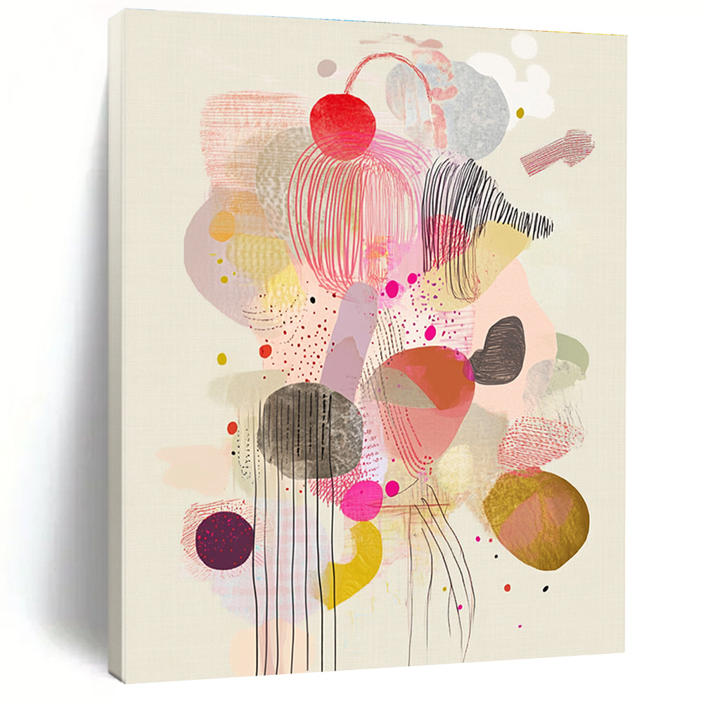 Large abstract artwork featuring whimsical floating shapes and patterns in soft pastels, showcasing bubbles ribbons and organic forms for playful visual depth.STSC1234