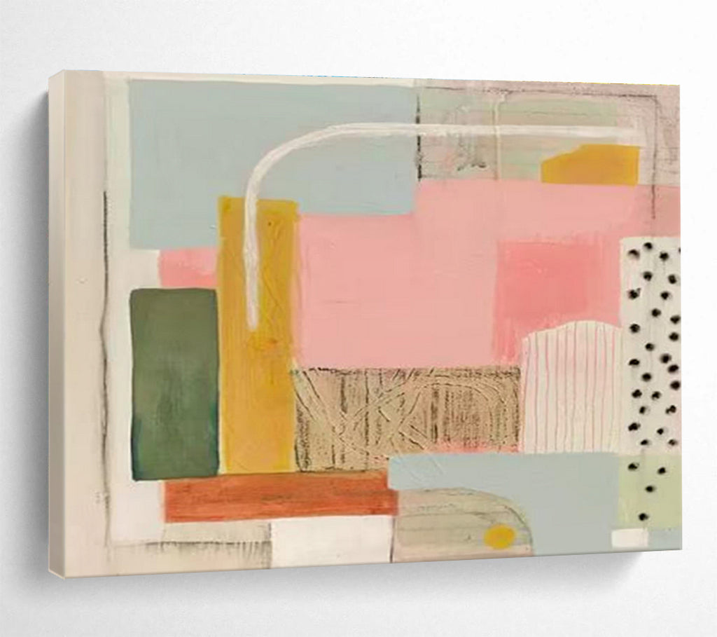 Pastel Geometry Abstract Painting with Pink, Green, and Yellow Tones THY204