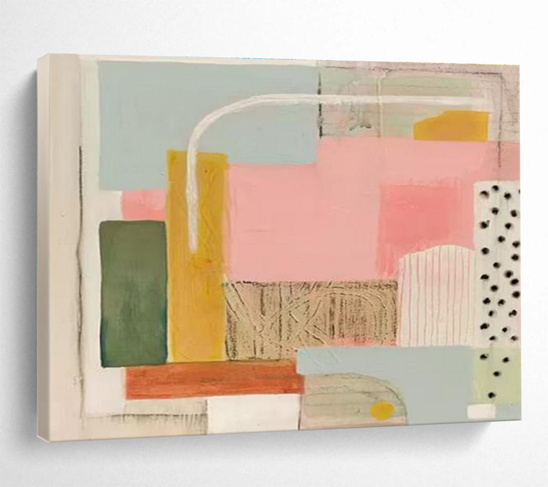 Pastel Geometry Abstract Painting with Pink, Green, and Yellow Tones THY204