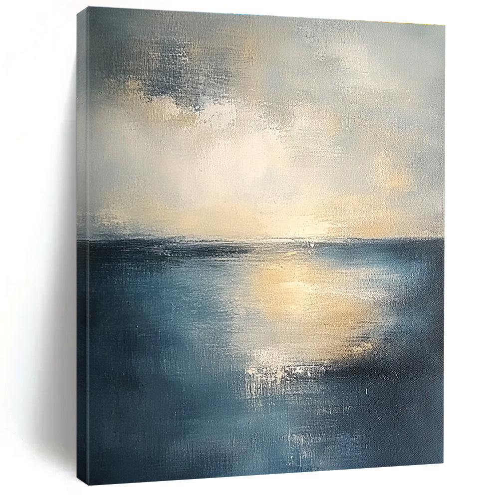 Abstract seascape in muted blue and grey tones with warm yellow sunlight evoking tranquility and reflection on canvas using soft oil paint gradients.STSC461