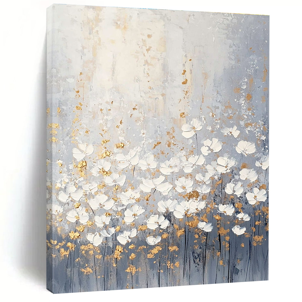 Large abstract painting of light gray and white wildflowers with muted colors and gold accents in a boho style.STSC318