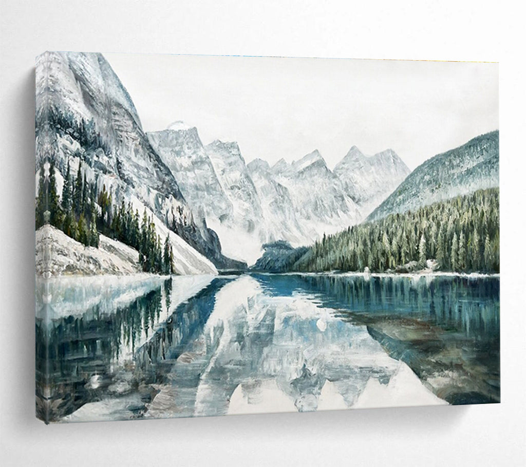Snowy Mountain Lake Abstract Painting with Blue, White, and Green Tones THY221