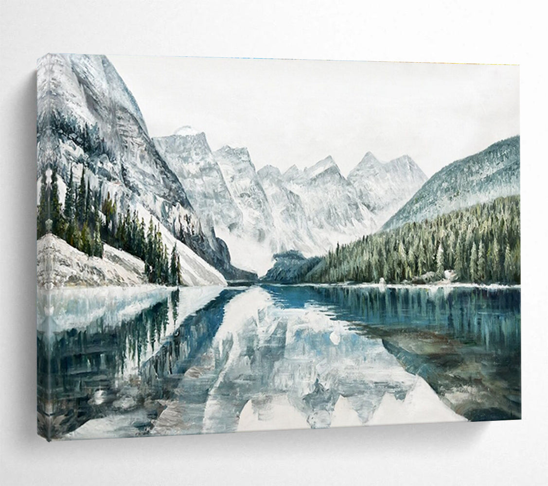 Snowy Mountain Lake Abstract Painting with Blue, White, and Green Tones THY221