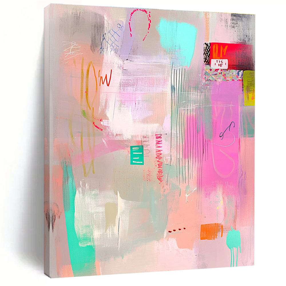 Large abstract painting in pastel pink aqua and lime green tones with soft brushstrokes layered with transparent elements and playful text.STSC1023