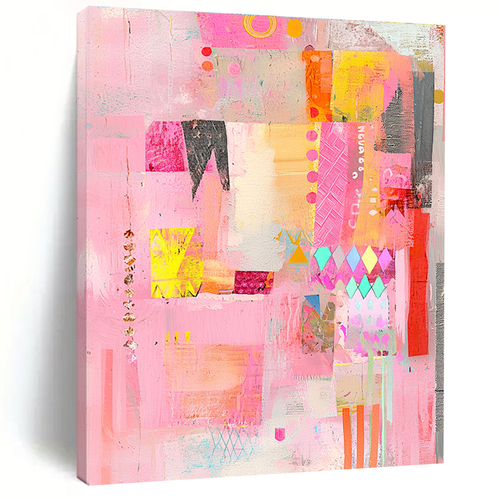Pink and Colorful Mixed Media Abstract Collage Painting GER200