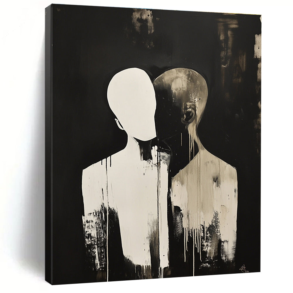 Abstract painting featuring a faceless figure in a dark backdrop with another figure resting their head on their shoulder, complemented by splashes of color.STSC1449