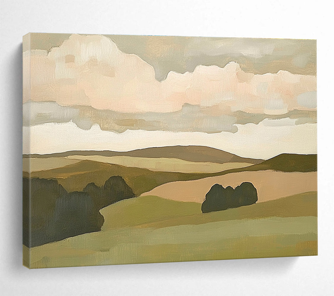 Minimalist Hill Landscape Abstract Painting with Green and Beige Tones DYP563