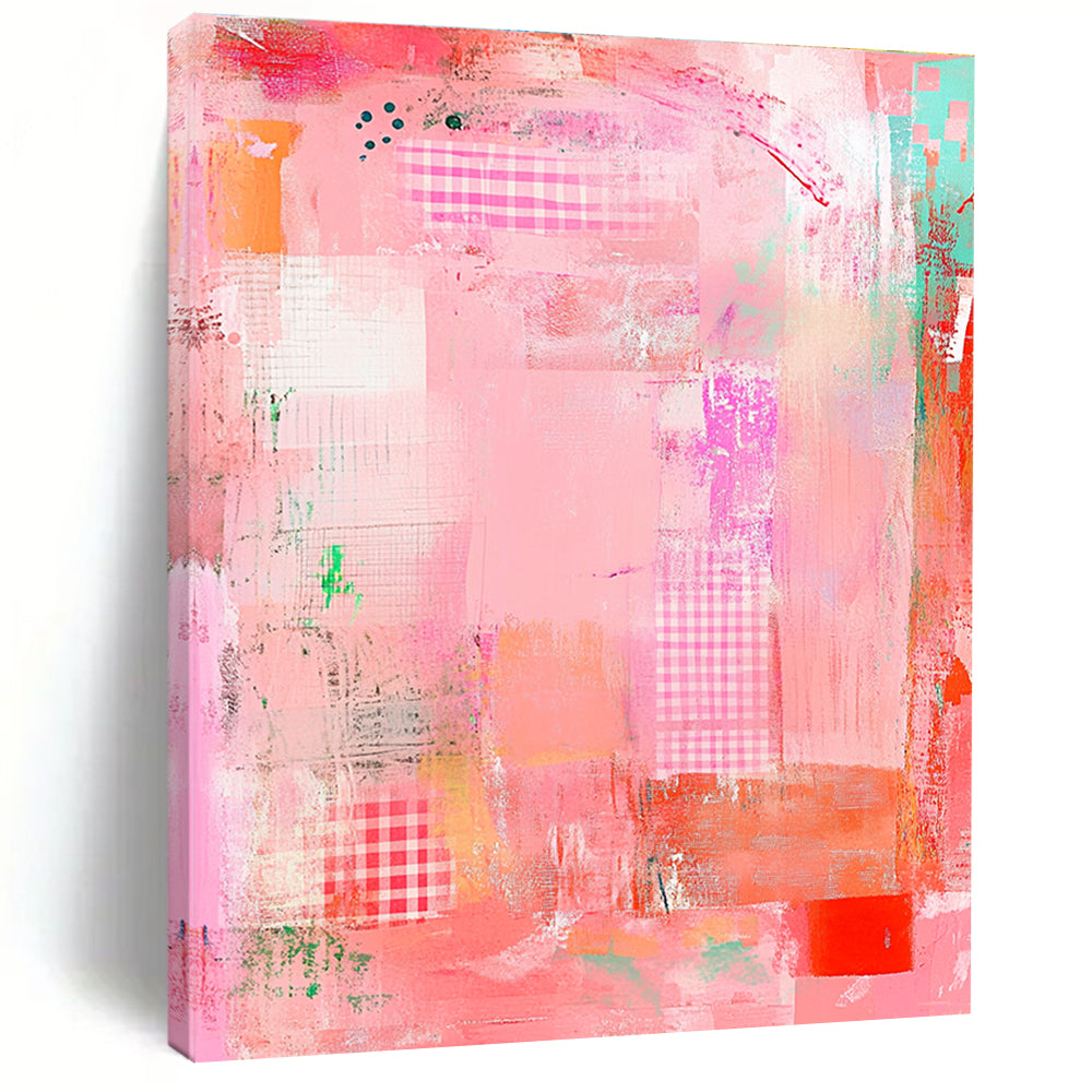 Large abstract painting featuring a pink background with whimsical patterns soft textures and a playful border creating a sense of artistic freedom.STSC830