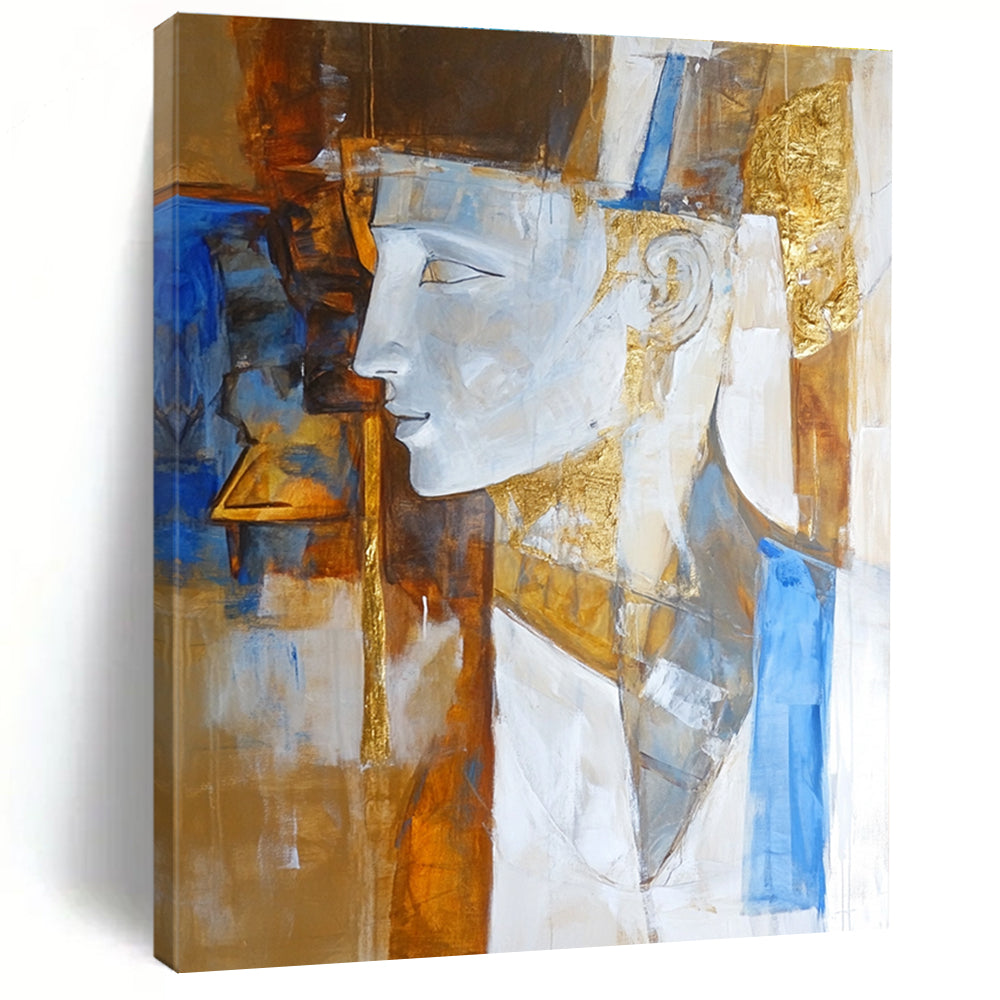 Large abstract painting featuring an ancient Greek sculpture in white brown and blue with elegant golden details.STSC633
