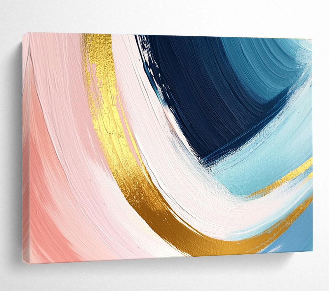 A large abstract painting in pastel pink blue and yellow with dynamic brushstrokes and gold outlines evoking joy and warmth.SC443