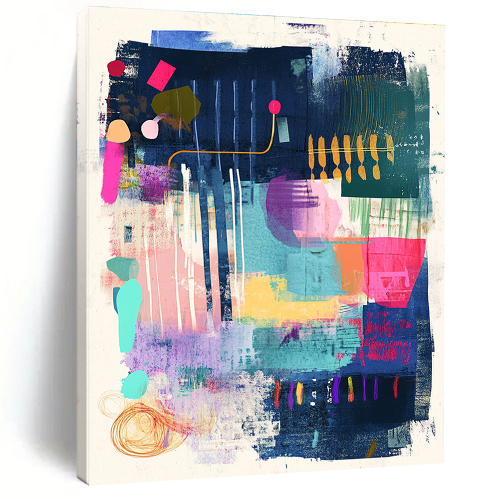 A large abstract artwork featuring musical notes and vibrant colors with oversized keys creating motion and playful typography in a harmonious design.STSC967