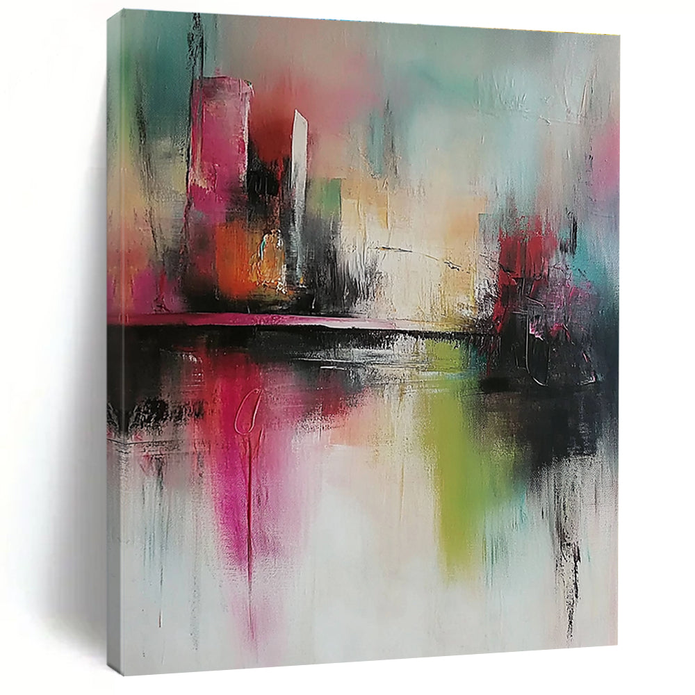 Large abstract painting with soft tones expressive brush strokes and a modern style featuring a city and river background in delicate details.STSC432