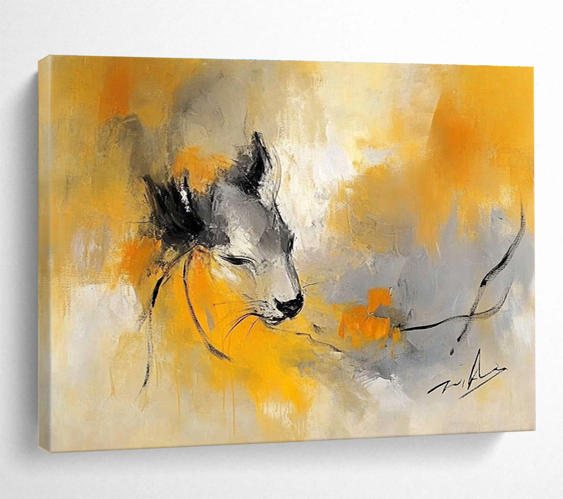 A large abstract painting featuring an animal in shades of yellow and gray, blending the styles of Zao Wou-Ki and Pablo Picasso.SC335