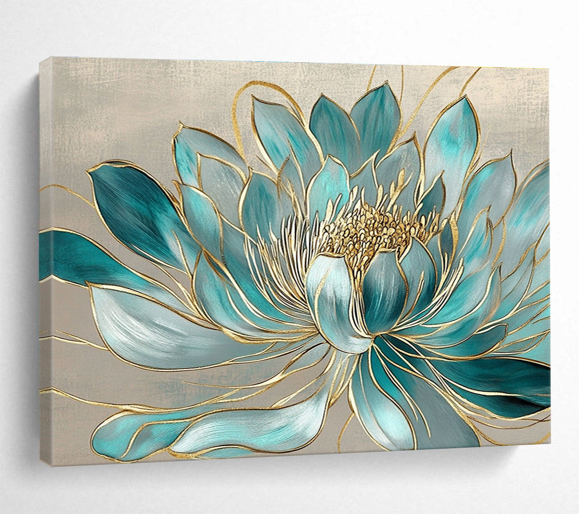 Blue Gold Lotus - Ornate Floral Abstract Painting DYP015