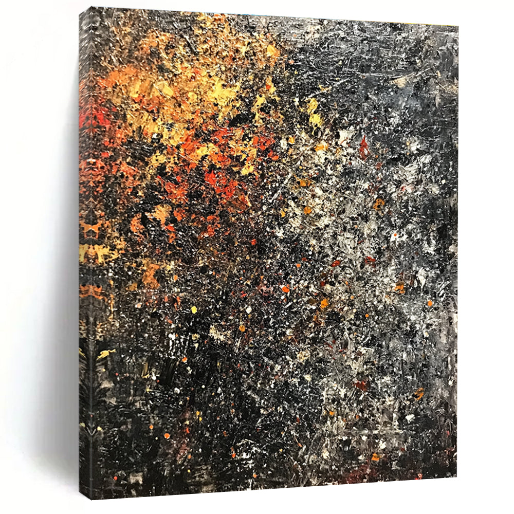 Abstract painting with dark colors and rusted metal featuring flowers and foliage on a textured background in vintage oil on canvas.STSC625