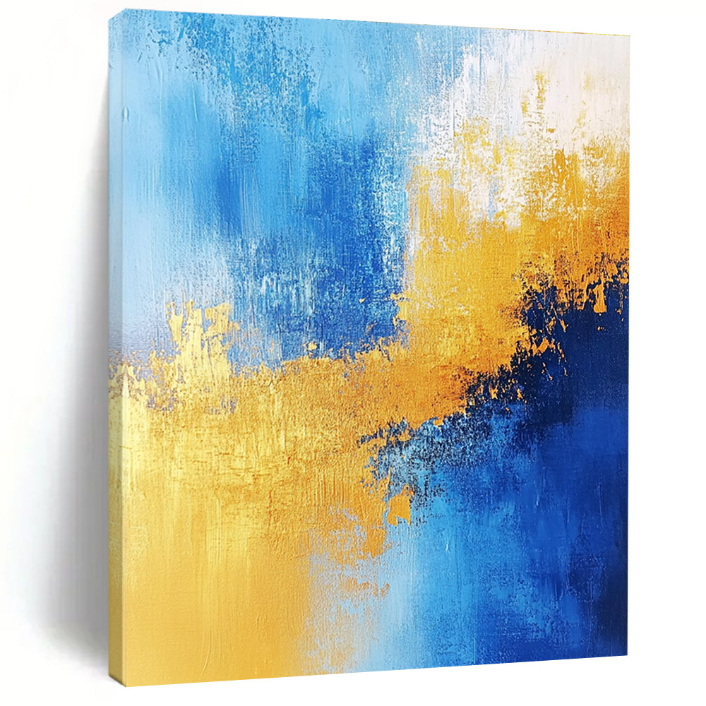 Vibrant Blue and Gold Abstract Painting with Energetic Splashes GER379