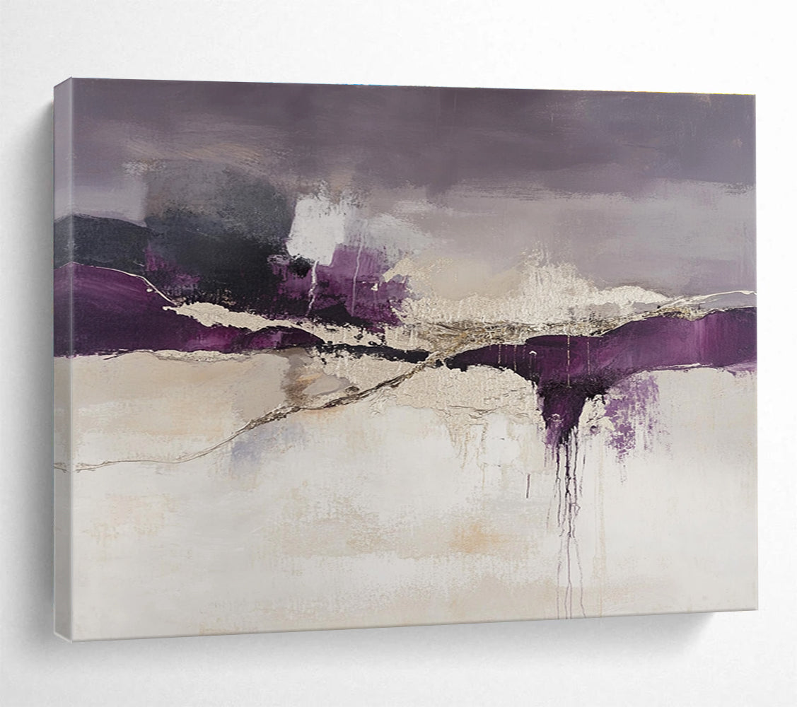 An abstract landscape features purple and beige tones with dark gray cracks in white paint, evoking a unique artistic atmosphere.SC316