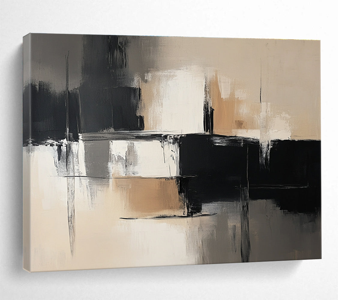 Abstract painting in black and white tones with beige accents showcasing simple lines, brushstrokes, and textured layers for harmonious light and shadow contrast.SC229