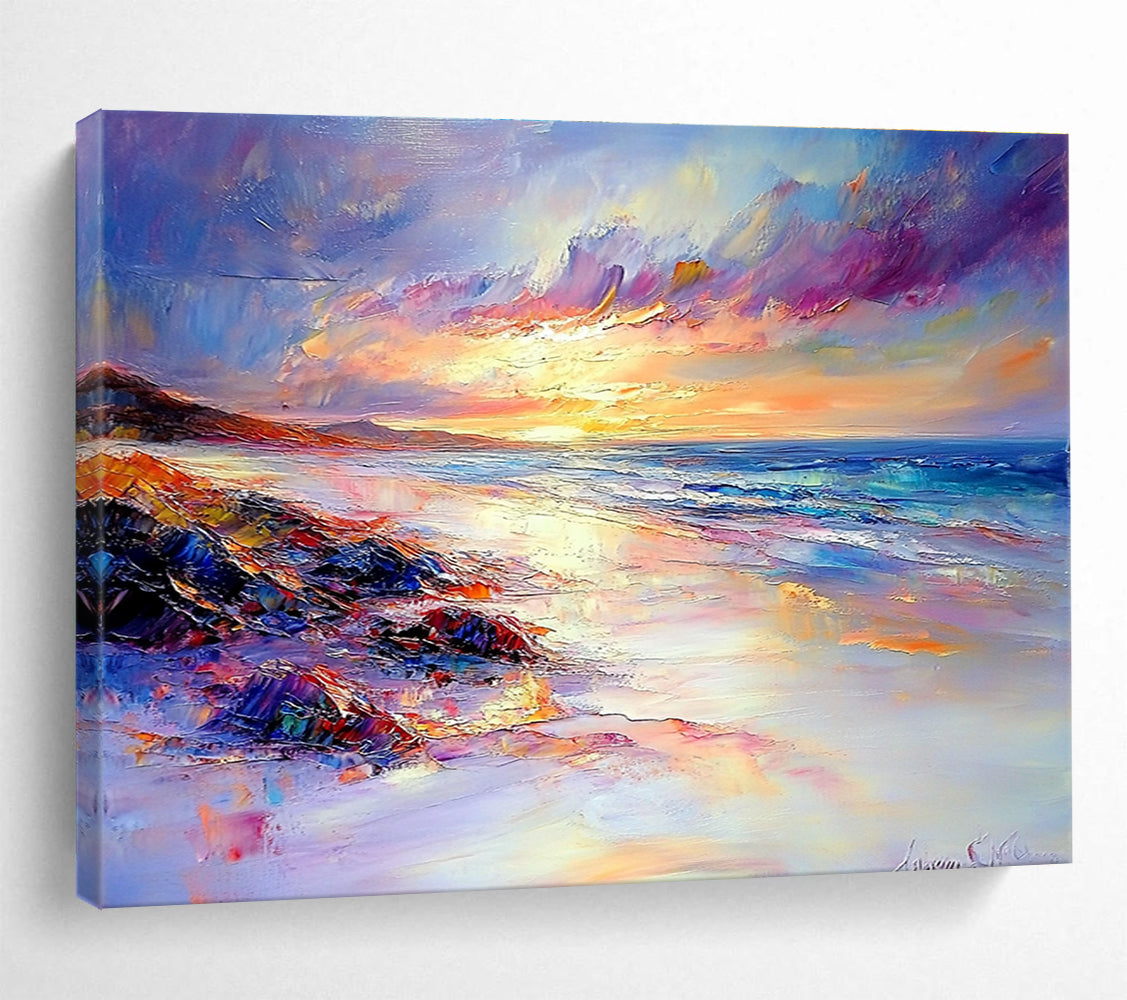 A large abstract painting portraying a tranquil beach sunset with vibrant colors soft lighting and rich details capturing the essence of Impressionism.SC522