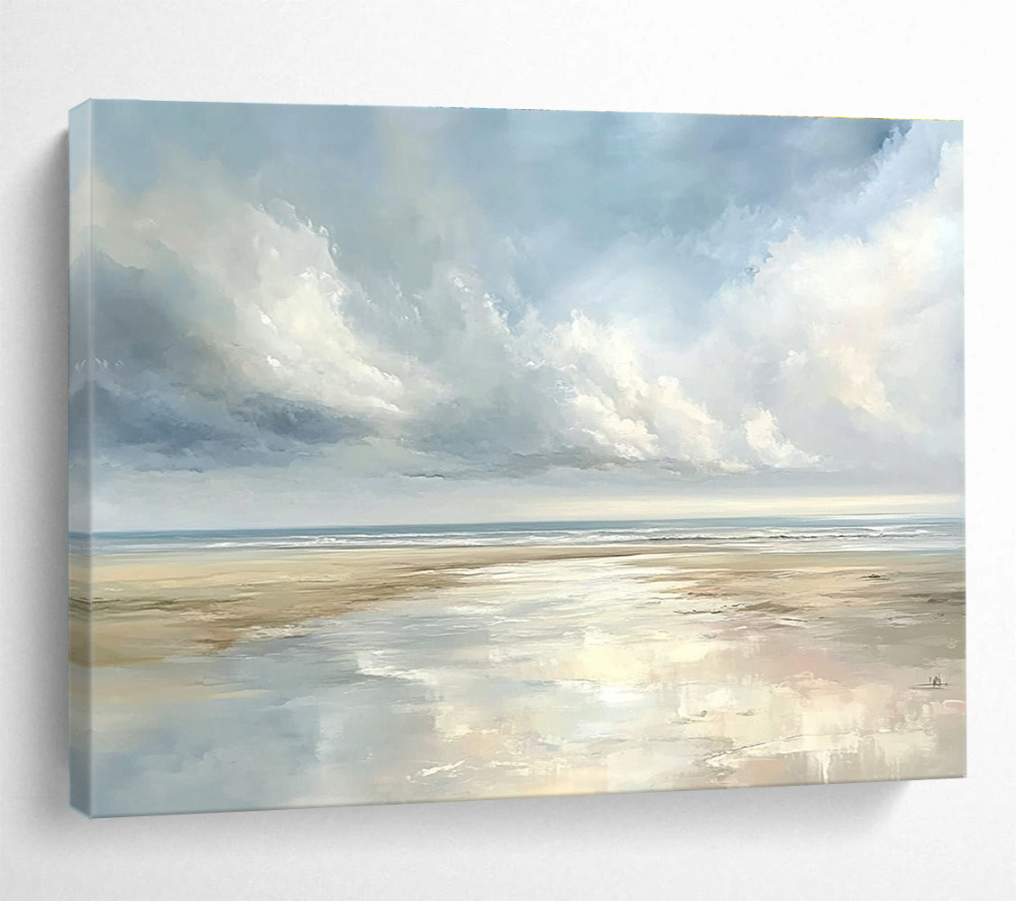 A large abstract painting depicting a serene coastal landscape with pastel skies and reflective puddles on sandy beaches, evoking tranquility.SC544