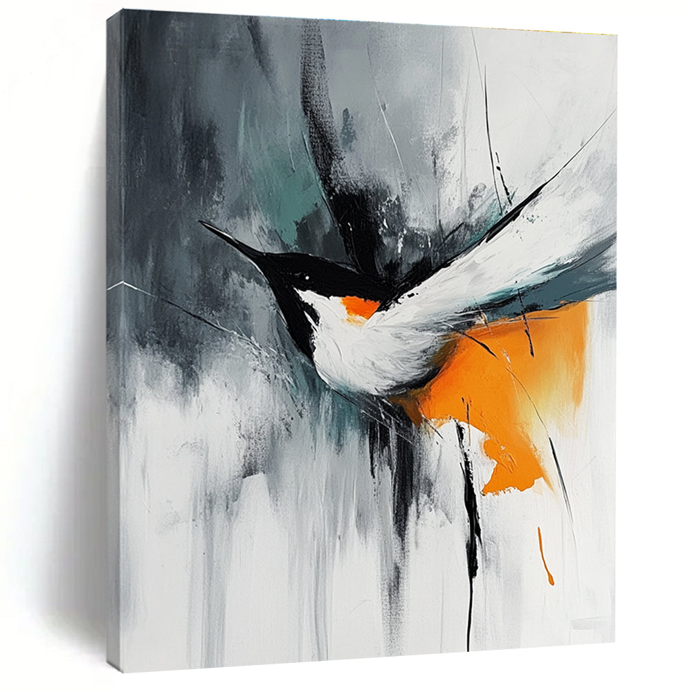 Abstract painting featuring an orange white and black bird in flight with minimalistic brush strokes on a gray background in the style of Marcin Sobas.STSC662