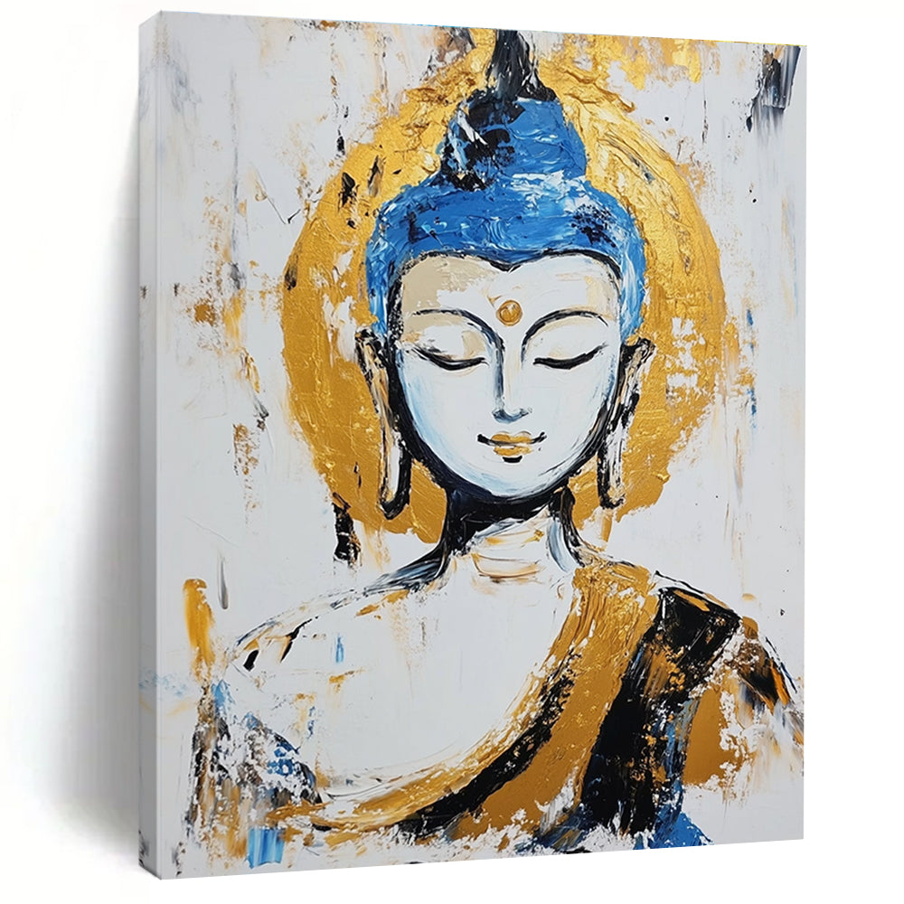A large abstract painting of the Buddha with pale skin and blue hair in meditation against a white background featuring gold accents and visible brush strokes.STSC338