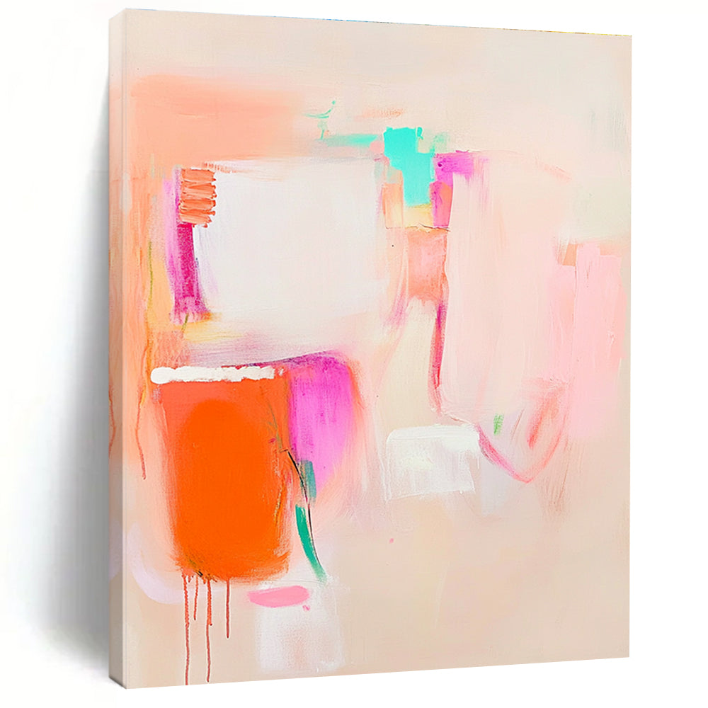 Large abstract painting in soft pink orange and white featuring everyday objects for a calming and dreamy effect on a light beige background.STSC623