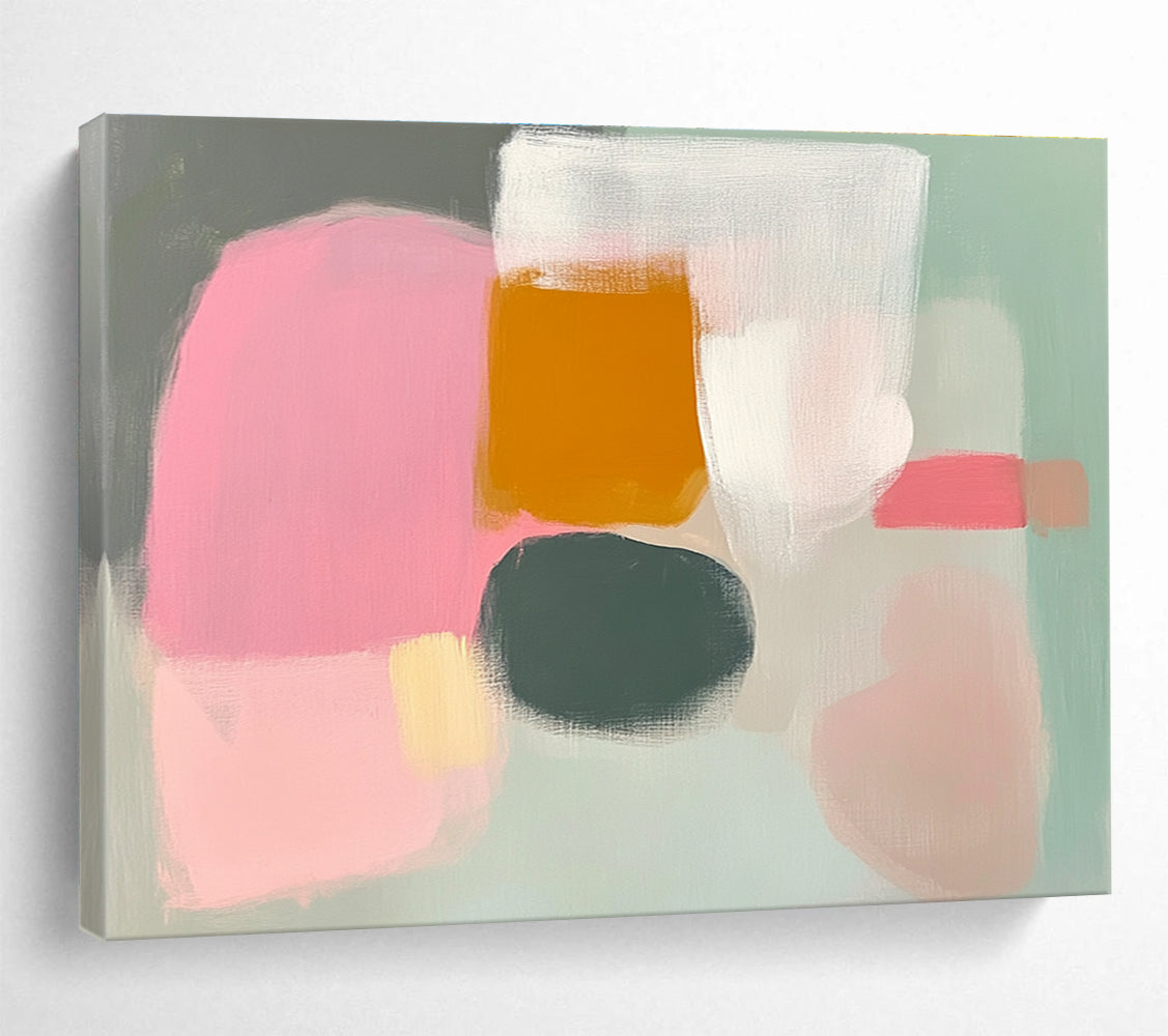 Large abstract painting in pink grey and white with loose brushwork soft pastels and negative space inspired by Etel Adnan.SC380
