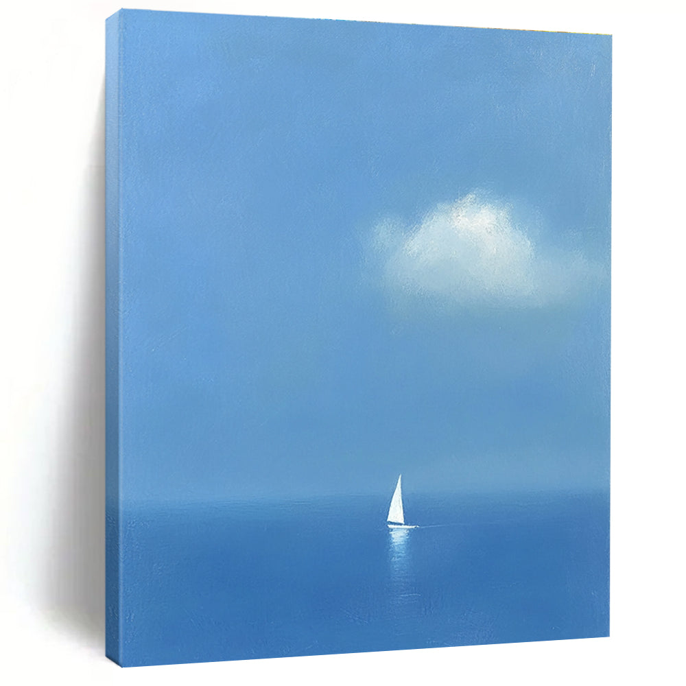 Large abstract painting featuring a white sailboat on the sea in light blue and indigo colors creating a dreamy atmosphere with ethereal clouds.STSC1255