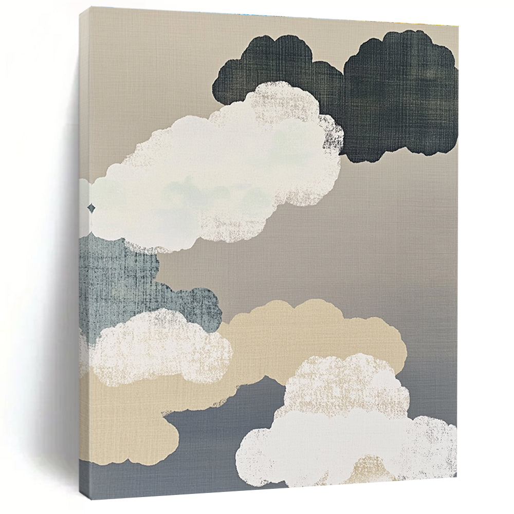 Large abstract painting featuring delicate brushwork with white clouds gray background and organic shapes in a minimalist beige color scheme.STSC1149