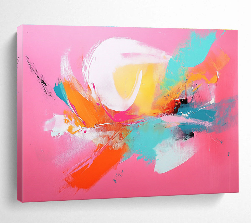 Large abstract painting with a pink background and vibrant orange and teal accents showcasing dynamic brush strokes.SC224