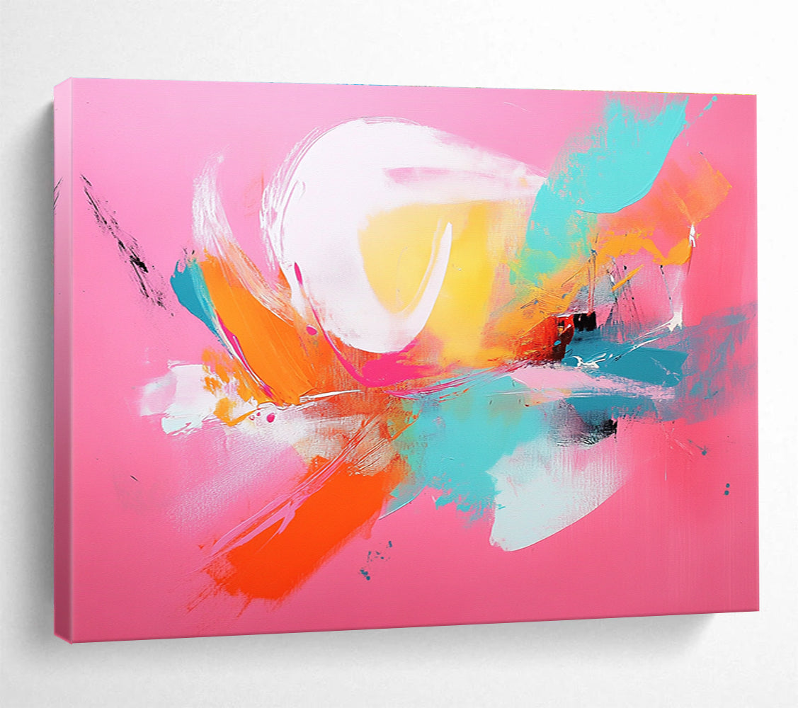 Large abstract painting with a pink background and vibrant orange and teal accents showcasing dynamic brush strokes.SC224