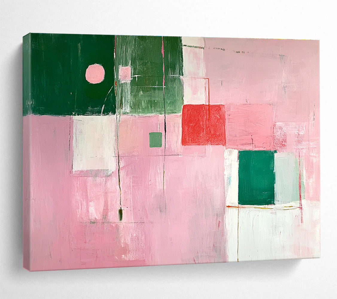 A large abstract painting featuring soft pink and green shapes creates a calming atmosphere with an inviting glow and an empty center.SC538