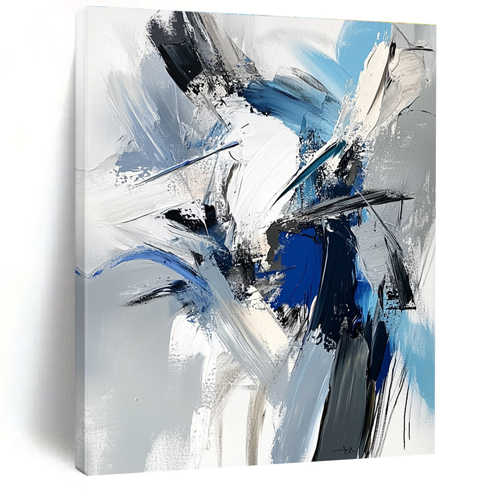 Large abstract painting featuring a dynamic human figure in white blue and gray with textured brushstrokes and a dark mood.STSC717