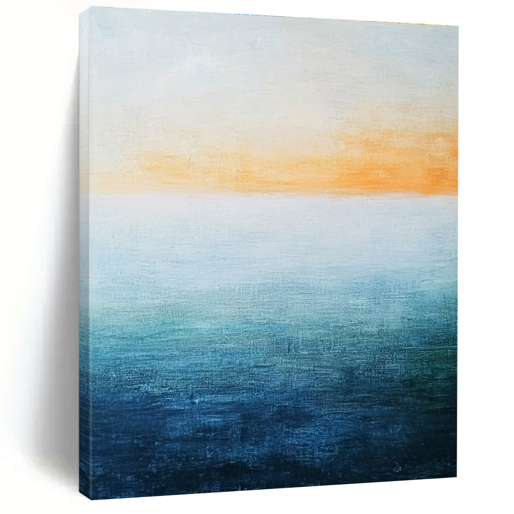 Abstract landscape featuring a vast water expanse in blue and green hues beneath a soft orange sky with a minimalist oil painting style.STSC074