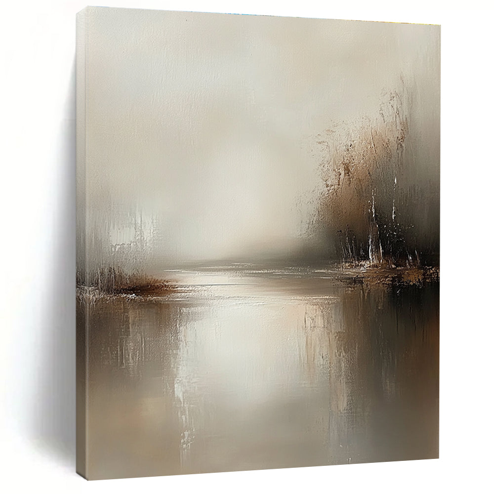 Large abstract painting in muted tones of beige and grey featuring tranquil waters and soft brush strokes for a serene atmosphere.STSC077