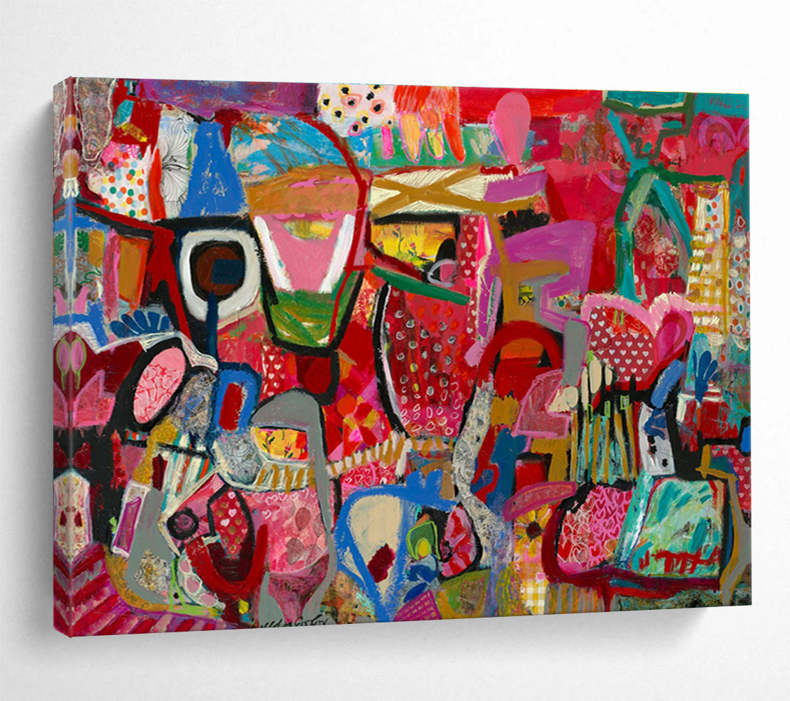 Playful Abstract Painting with Pink, Red, and Colorful Patterns THY239