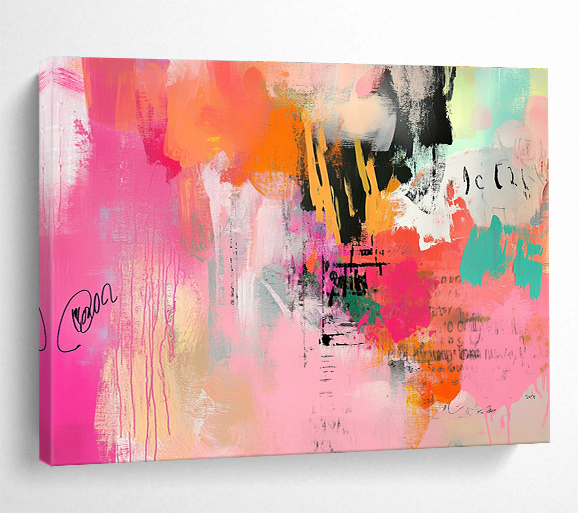 An abstract expressionist painting featuring chaotic brush strokes and soft gradients in pinks and oranges, creating vibrant energy and depth.SC309