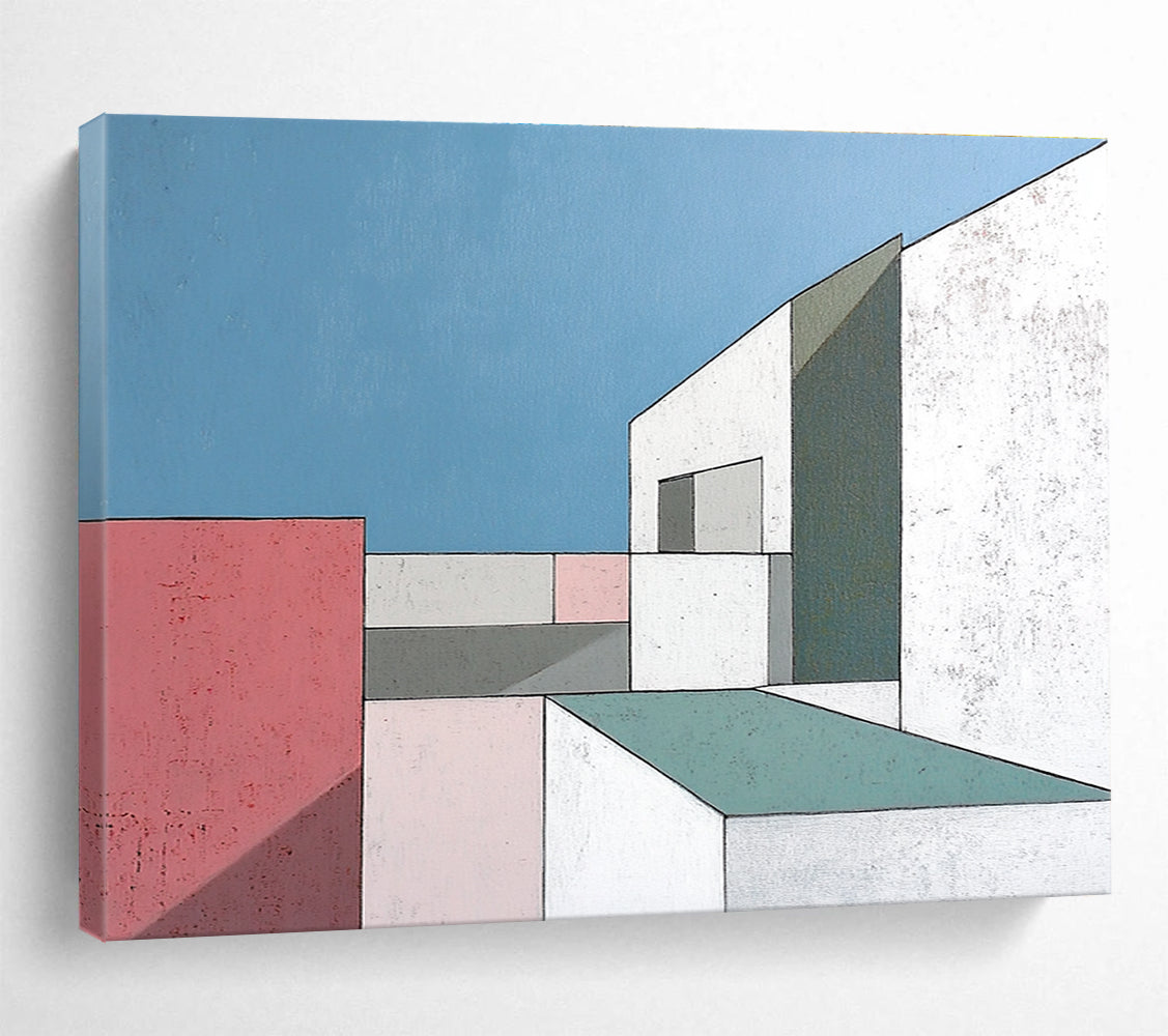 A large abstract painting featuring minimalist white buildings with large windows against a serene blue sky highlighting sharp color contrasts and geometric shapes.SC487