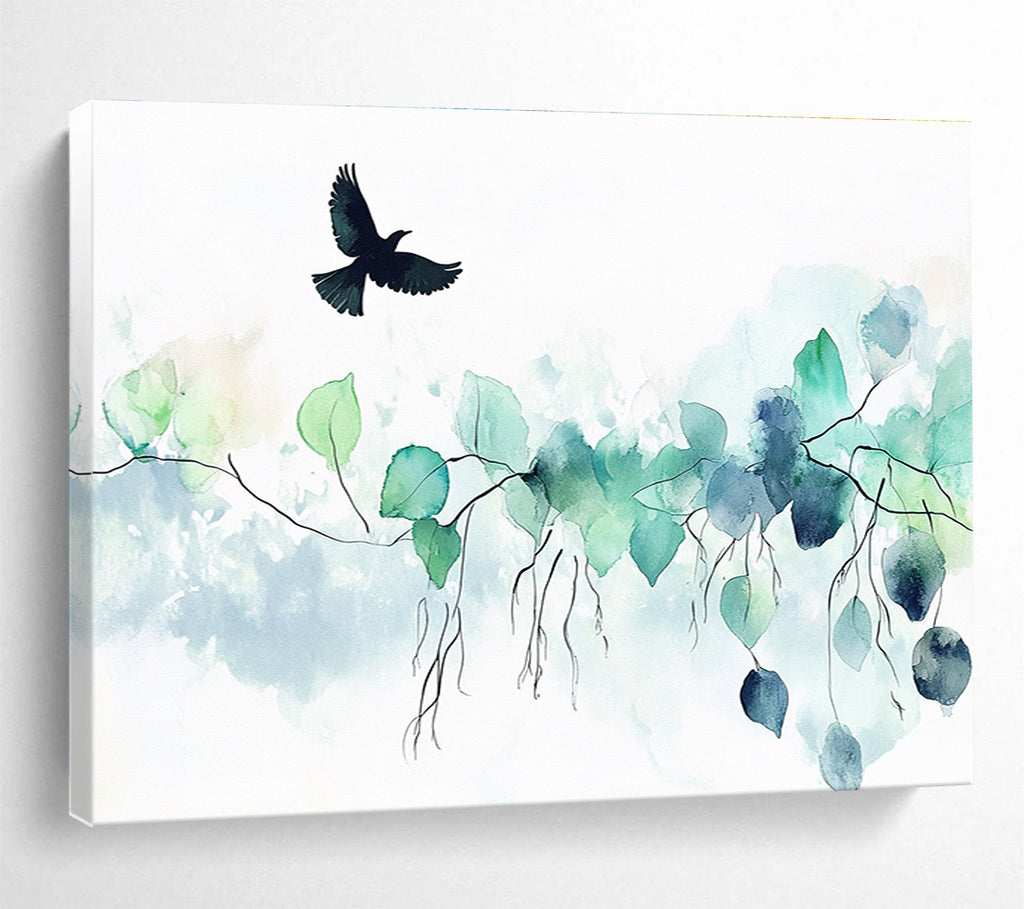 Abstract watercolor painting featuring green leaves and vines with a black bird above on a soft white background for a calming and elegant atmosphere.SC568