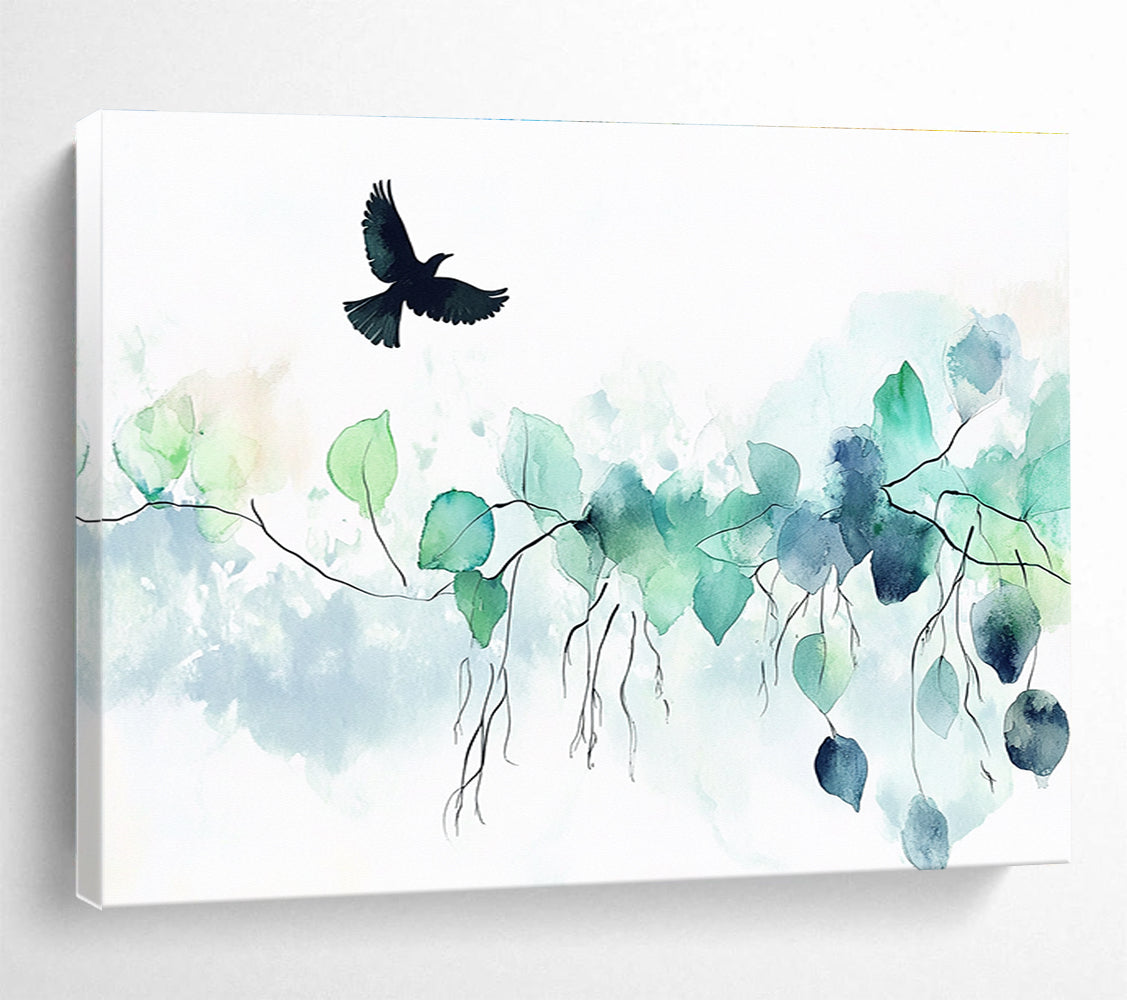 Abstract watercolor painting featuring green leaves and vines with a black bird above on a soft white background for a calming and elegant atmosphere.SC568