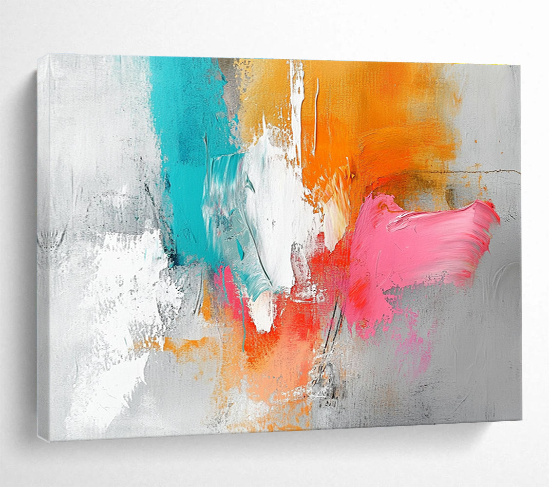 Large abstract painting featuring a light gray background with orange and pink splashes, white brush strokes, and vibrant blue accents.SC148