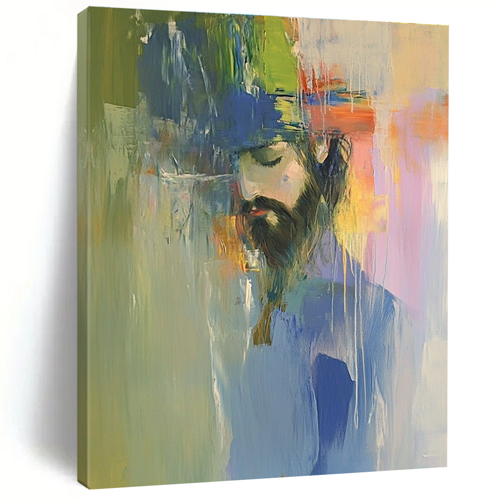 A large abstract oil painting of Jesus in vibrant colors, inspired by Richard Schmid and Peter Wileman, featuring a color field composition.STSC593