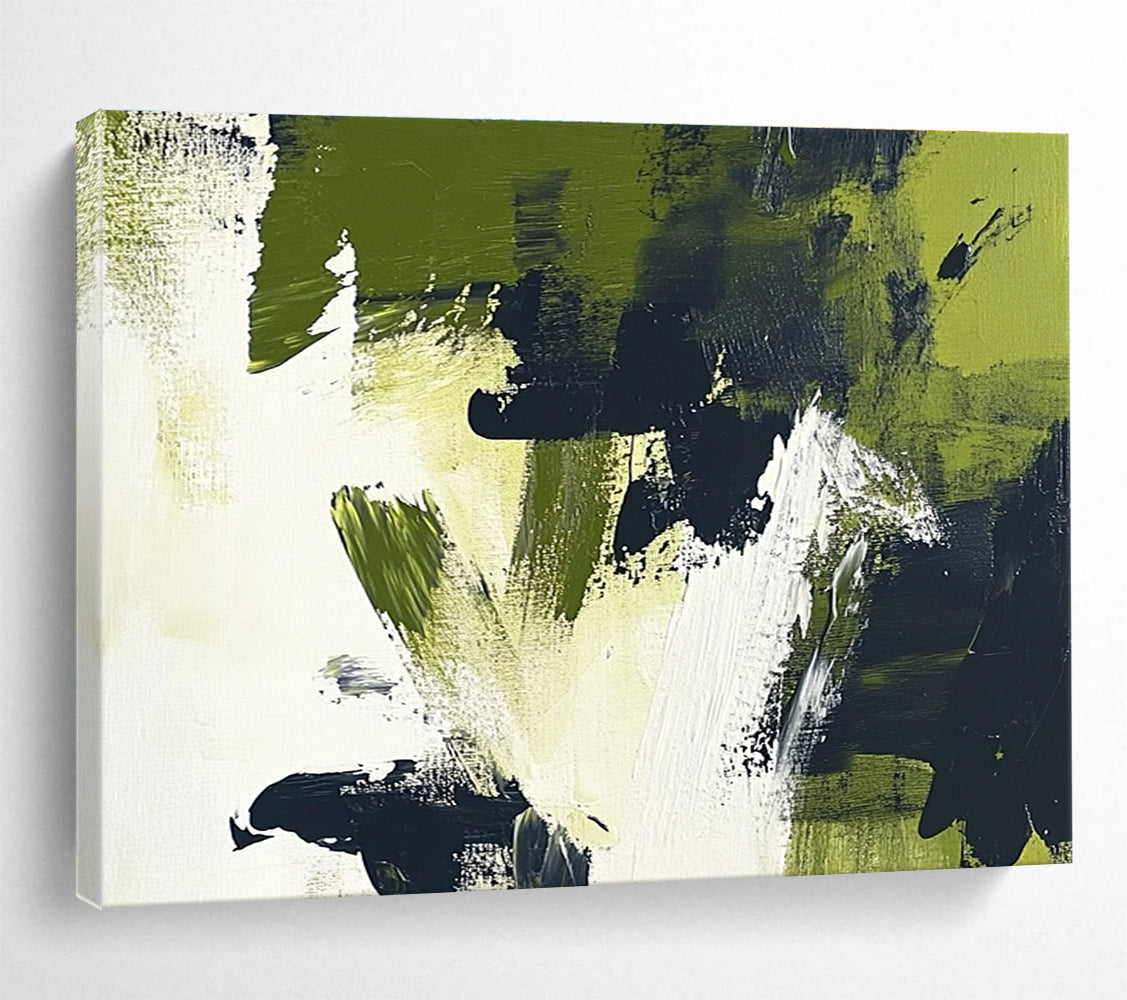 Large abstract painting featuring olive green and black brush strokes on white background, embracing minimalism and the essence of nature.SC248